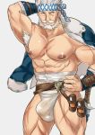  1boy abs armpit_hair bara beard bulge cerberus_arts chest collarbone facial_hair fundoshi granblue_fantasy headband jacket jacket_on_shoulders japanese_clothes looking_at_viewer male_focus manly muscle mustache nipples old_man pectorals scar solo soriz thick_thighs thighs upper_body 