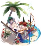  1girl awakening_(sennen_sensou_aigis) beach beach_chair beach_umbrella bottle breasts coconut cup diana_(sennen_sensou_aigis) drinking_glass flower greatsword green_hair hair_flower hair_ornament hand_on_own_chest heart looking_at_viewer medium_breasts navel_cutout ocean official_art palm_tree planted_sword planted_weapon sand sennen_sensou_aigis short sunglasses sword table tree umbrella water weapon wine_glass yellow_eyes 