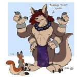  1:1 anthro bottomwear bracelet clothing dialogue duo hi_res jewelry kangaroo loincloth macro macropod male mammal marsupial multi_arm multi_limb necklace pawpads plantigrade shorts simple_background size_difference tail_maw tail_mouth text thick_tail victni_(artist) 