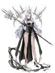  1girl black_dress blue_eyes breasts cleavage dermiss dress high_heels holding holding_lance holding_polearm holding_weapon lance long_pointy_ears medium_breasts original pointy_ears polearm solo weapon white_background white_hair 