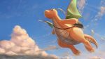  bag closed_mouth cloud commentary_request day dragonite flying gen_1_pokemon green_eyes highres no_humans outdoors pokemon pokemon_(creature) shoulder_bag sky smile solo supearibu 