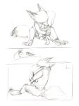  2020 anthro barefoot canid canine clothed clothing disney duo eyes_closed fox fully_clothed fur judy_hopps lagomorph leporid mammal monochrome nick_wilde pnoll rabbit red_fox sitting sketch zootopia 