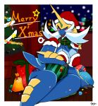  &lt;3 anthro blue_body blush bra breasts christmas christmas_tree claws cleavage clothed clothing fangs female gearfactory gift gift_box hat headgear headwear holidays looking_at_viewer lying merry_christmas nintendo one_eye_closed open_mouth pok&eacute;mon pok&eacute;mon_(species) red_bra red_clothing red_underwear samurott santa_hat scarf smile snow snowing solo teeth text tree underwear video_games wink 