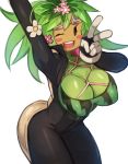 2019 big_breasts big_butt blush breasts butt cleavage clothed clothing elemental_creature female flora_fauna flower gesture green_body hi_res open_mouth plant simple_background smile solo sookmo v_sign white_background 