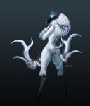  2016 animal_humanoid black_background bovid bovid_humanoid butt caprine caprine_humanoid female grey_eyes hair holding_object holding_weapon hooves humanoid lamb_(lol) league_of_legends looking_at_viewer looking_back looking_back_at_viewer mammal mammal_humanoid mask rear_view riot_games simple_background solo sookmo standing video_games weapon white_body white_hair 