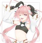  1boy ;d animal_ears artist_name astolfo_(fate) astolfo_(saber)_(fate) bangs bare_shoulders black_bow black_gloves black_headwear bow bunny_ears commentary_request detached_sleeves eyebrows_visible_through_hair fake_animal_ears fate/grand_order fate_(series) gloves highres long_hair low_twintails midriff mizuki_(s0511) multicolored_hair navel one_eye_closed open_mouth otoko_no_ko pink_eyes pink_hair simple_background smile solo streaked_hair teeth twintails upper_body white_hair wing_collar 