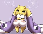  2020 5:4 anthro big_breasts big_ears biped black_nose breast_squeeze breasts dialogue digimon digimon_(species) digital_media_(artwork) english_text featureless_feet featureless_hands female fenekmon front_view fur furball genitals grey_background horn huge_breasts hybrid long_ears looking_at_viewer multicolored_body multicolored_fur nipples nude pink_nipples pussy renamon simple_background smile snaggle_tooth solo speech_bubble standing talking_to_viewer terriermon text two_tone_body two_tone_fur white_body white_fur yellow_body yellow_fur yellow_horn 