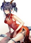  1girl alternate_costume arknights arm_support bangs bare_shoulders bead_bracelet beads black_shorts blue_hair bracelet breasts ch&#039;en_(arknights) china_dress chinese_clothes cleavage double_bun dragon_horns dragon_tail dress hair_between_eyes highres horns jewelry long_hair looking_at_viewer medium_breasts parted_lips red_dress red_eyes sanbabasanba shorts sidelocks sitting sleeveless solo sweatdrop tail thighs 