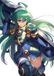  1girl absurdres ahoge armor character_request closed_mouth elbow_gloves gloves green_hair hair_between_eyes highres holding holding_weapon long_hair looking_at_viewer nakamura_eight red_eyes shinrabanshou simple_background smile solo thighhighs v-shaped_eyebrows very_long_hair weapon white_background 
