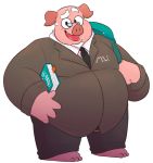  2020 anthro belly bottomwear clothing domestic_pig eyewear glasses leonthelionel male mammal necktie overweight overweight_anthro overweight_male pants pink_body shirt solo suid suina sus_(pig) topwear 