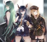  3girls animal_ears arknights bangs bare_shoulders black_gloves black_headwear black_jacket black_shirt blonde_hair blue_hair breasts ch&#039;en_(arknights) dragon_horns dragon_tail drill_hair gloves green_eyes green_hair hair_between_eyes hat highres holding horns hoshiguma_(arknights) indoors jacket large_breasts long_hair looking_at_viewer medium_breasts multiple_girls oni_horns red_eyes shirt shorts sidelocks single_horn smile swire_(arknights) tail thighhighs thighs tiger_ears tiger_tail white_shirt yue_(pixiv2547) 