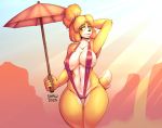  2020 animal_crossing anthro big_breasts bikini breasts butt_from_the_front canid canine canis clothing domestic_dog female hand_behind_head holding_object holding_umbrella isabelle_(animal_crossing) mammal nintendo nipple_outline shaw sling_bikini smile solo swimwear toy_dog umbrella video_games wide_hips yellow_body 