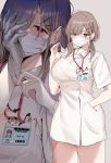  1girl bangs brown_eyes brown_hair dress gloves grey_background hair_ornament hair_over_one_eye hairclip hand_in_pocket highres id_card lanyard low_tied_hair marushin_(denwa0214) mask mole mole_under_eye nurse original pen putting_on_gloves rubber_gloves short_dress thighs twintails white_dress white_gloves 
