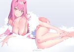  1girl :q aqua_eyes ass bare_legs breasts cleavage darling_in_the_franxx dress earrings eyeliner fiodo head_tilt horns jewelry large_breasts long_hair lying makeup multiple_rings necklace on_side pink_dress pink_hair ring short_dress sidelocks simple_background solo strap_slip tongue tongue_out weibo_username zero_two_(darling_in_the_franxx) 