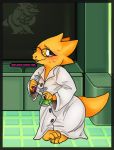  alphys anthro barefoot blush bodily_fluids breasts buckteeth claws clothed clothing coat detailed_background eyewear female flask front_view glasses holding_object inside lab_coat laboratory_equipment laboratory_glassware&lrm; looking_at_viewer monitor nervous non-mammal_breasts pigeon_toed reptile scales scalie scientific_instrument solo ssand standing sweat teeth test_tube thick_tail three-quarter_view topwear undertale video_games wavy_mouth wide_hips yellow_body yellow_scales 