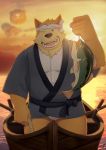 3000vnd anthro asian_clothing belly boat bulge canid canine canis clothed clothing domestic_dog east_asian_clothing fishing fundoshi fur humanoid_hands japanese_clothing kemono looking_at_viewer male mammal marine overweight overweight_anthro overweight_male river solo sunset underwear vehicle watercraft yellow_body yellow_fur 