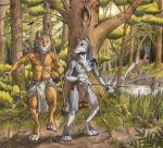  0laffson 4_toes 5_fingers ambiguous_gender anthro barefoot canid canine canis cervid clothed clothing day detailed_background digitigrade felid fingers forest grass hi_res holding_bow holding_object holding_weapon lion male mammal outside pantherine toes tree weapon wolf 