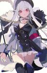  1girl :o armband bangs belt boots breasts choker cleavage cross cross_necklace eyebrows_visible_through_hair fur_trim girls_frontline hat highres jacket jewelry kar98k_(girls_frontline) long_hair looking_down necklace open_hand open_mouth red_eyes silver_hair solo thigh_boots thighhighs u_tnmn white_hair 