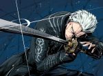  1boy beige_eyes black_coat black_gloves coat commentary_request devil_may_cry devil_may_cry_5 fingerless_gloves glint gloves highres holding holding_sword holding_weapon katana long_sleeves male_focus parted_lips shimure_(460) solo spiked_hair sword teeth vergil weapon white_hair 