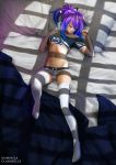  1girl absurdres bandaid bandaid_on_nose bed blanket bow breasts dclaribelle drooling highres melody_(projektmelody) navel open_mouth pillow ponytail projektmelody purple_hair short_shorts shorts sleeping small_breasts tank_top thighhighs underboob white_shorts 