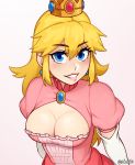  1girl blonde_hair blue_eyes breasts cleavage cleavage_cutout close-up crown dress eyebrows_visible_through_hair highres looking_up mario_(series) pink_dress princess_peach rob_ishi smile solo thick_lips twitter_username white_background 