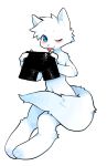  2020 anthro black_bottomwear black_clothing black_shorts blue_eyes blush bottomwear changed_(video_game) clothing fur hi_res lin_(changed) male mammal one_eye_closed shorts simple_background solo tongue tongue_out unknown_artist white_body white_fur wink 