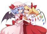  2girls back_bow bat_wings blonde_hair blue_hair bow crystal eyebrows_visible_through_hair fang flandre_scarlet frills hat hat_ribbon highres holding_hands interlocked_fingers looking_at_viewer medium_hair mob_cap multiple_girls open_mouth pink_headwear pink_shirt pink_skirt puffy_short_sleeves puffy_sleeves red_bow red_eyes red_neckwear red_ribbon red_skirt red_vest remilia_scarlet ribbon rizento shirt short_sleeves siblings side_ponytail simple_background sisters skirt smile touhou upper_body vest white_background white_bow white_headwear white_shirt wings yellow_neckwear 