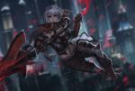  1girl aranea_highwind armor artist_name aura blurry blurry_background boots breasts city cleavage final_fantasy final_fantasy_xv g21mm gauntlets looking_at_viewer midair o-ring_belt polearm silver_hair solo spear weapon 