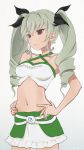  1girl akagi_(fmttps) alternate_costume anchovy_(girls_und_panzer) black_ribbon breasts cleavage cowboy_shot drill_hair frown girls_und_panzer green_hair hair_between_eyes hair_ribbon navel red_eyes ribbon small_breasts solo twin_drills white_background 