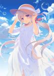  1girl bangs blue_sky blush bow brown_headwear bubble cloud commentary_request day dress eyebrows_visible_through_hair grey_hair hair_between_eyes hair_ribbon hands_on_headwear hands_up hat hat_bow long_hair looking_at_viewer low_twintails original outdoors parted_lips puffy_short_sleeves puffy_sleeves purple_eyes red_ribbon ribbon santa_matsuri see-through see-through_silhouette short_sleeves sky solo sun_hat twintails very_long_hair white_bow white_dress 
