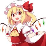  1girl back_bow blonde_hair bow crystal fang flandre_scarlet frills hand_up hat hat_ribbon heart highres long_hair looking_at_viewer mob_cap open_mouth puffy_short_sleeves puffy_sleeves red_eyes red_ribbon red_skirt red_vest ribbon rizento shirt short_sleeves side_ponytail simple_background skirt skirt_hold smile solo touhou upper_body vest white_background white_bow white_headwear white_shirt wings wrist_cuffs yellow_neckwear 