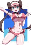  1girl :d arm_up bangs bikini breasts brown_hair commentary_request double_bun flying_sweatdrops green_eyes hand_up highres large_breasts long_hair looking_at_viewer mei_(pokemon) navel open_mouth pink_bikini pokemon pokemon_(game) pokemon_bw2 shaded_face shimure_(460) shiny shiny_skin sidelocks smile solo swimsuit teeth tongue twintails two-tone_headwear upper_teeth very_long_hair visor_cap 