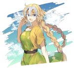  1girl alternate_costume blonde_hair blue_eyes blush braid breasts fate/apocrypha fate/grand_order fate_(series) hair_between_eyes hand_in_hair jeanne_d&#039;arc_(fate)_(all) long_hair nikame sketch smile solo twin_braids white_background 