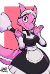  2020 5_fingers anthro apron breasts charlotte_(redflare500) clothing feather_duster female fingers hi_res looking_at_viewer maid_uniform non-mammal_breasts pink_body red_eyes reptile rubbermage scalie simple_background smile solo uniform white_background 
