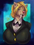 anthro big_breasts blonde_hair breasts clothed clothing duo_(artist) felid female hair hi_res huge_breasts looking_at_viewer machairodontine mammal solo suit 