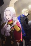  1girl 3boys 96ks_3h black_hair blonde_hair blue_cape cape dark_skin dark_skinned_male dedue_molinaro dimitri_alexandre_blaiddyd edelgard_von_hresvelg fire_emblem fire_emblem:_three_houses from_behind garreg_mach_monastery_uniform gloves grey_hair hair_ribbon highres holding hubert_von_vestra long_hair long_sleeves looking_back multiple_boys open_mouth purple_eyes red_cape ribbon short_hair twitter_username uniform white_gloves white_hair 