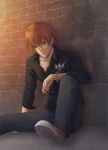  1boy artist_name bead_bracelet beads black_shirt bracelet brick_wall different_shadow frown fruits_basket hetemsenar jewelry knee_up looking_at_viewer male_focus orange_hair outdoors pants red_eyes shirt shoes sitting sneakers solo souma_kyou twitter_username watermark 