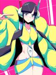  1girl :o bangs bare_shoulders black_hair blue_eyes blunt_bangs blush breasts cleavage coat collarbone commentary fur_coat gym_leader hand_up headphones highres kamitsure_(pokemon) looking_at_viewer open_mouth pokemon pokemon_(game) pokemon_bw2 shimure_(460) short_hair_with_long_locks solo two-tone_background yellow_coat 