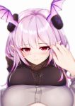  2020 5_fingers blush breast_squish breasts demon demon_humanoid duo female female_pov fingers first_person_view hair hi_res humanoid humanoid_pointy_ears leria_v looking_at_viewer membrane_(anatomy) membranous_wings not_furry pink_eyes pink_hair sad simple_background squish white_background wings 