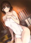  1girl bangs blue_eyes blunt_bangs blush breasts brown_hair collarbone indoors large_breasts looking_at_viewer naked_towel nijisanji nozomi-y nude sauna short_hair sitting solo steam suzuka_utako sweat thighs towel virtual_youtuber 