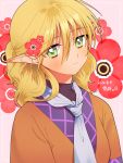  1girl blonde_hair brown_shirt commentary dated eyebrows_visible_through_hair floral_background flower green_eyes hair_between_eyes hair_flower hair_ornament highres light_smile looking_at_viewer medium_hair mito_(mo96g) mizuhashi_parsee pink_background pointy_ears poppy_(flower) scarf shirt short_ponytail solo touhou undershirt upper_body white_scarf 