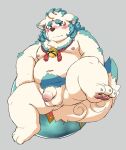  2020 agyou anthro asian_mythology balls belly blush east_asian_mythology flaccid foo_dog fur genitals hi_res japanese_mythology kemono komainu male mammal moobs mythology navel nipples overweight overweight_anthro overweight_male penis reddo12340 simple_background solo tokyo_afterschool_summoners video_games white_body white_fur young yōkai 