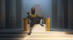  16:9 abs animal_genitalia anubis balls canid canine canis chair deity egyptian_mythology front_view furniture genitals hi_res jackal male mammal middle_eastern_mythology muscular muscular_male mythology pecs sheath sitting solo throne widescreen zaush 