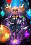 1girl aura blonde_hair bow bowtie dark_background final_fantasy final_fantasy_xi floating glowing glowing_eyes hankuri looking_at_viewer outstretched_arms pink_eyes pointy_ears shantotto solo twintails 