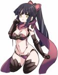  1girl android bangs bikini black_gloves black_hair black_legwear blush breasts brown_ribbon brown_scarf cleavage cropped_legs elbow_gloves eyebrows_visible_through_hair fate/grand_order fate_(series) gloves hair_ribbon hand_up high_ponytail joints karukan_(monjya) katou_danzou_(fate/grand_order) long_hair looking_at_viewer medium_breasts navel parted_lips ponytail purple_bikini ribbon robot_joints scarf simple_background solo swimsuit thighhighs very_long_hair white_background yellow_eyes 