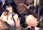  1girl absurdres ass azuma_(azur_lane) azur_lane bangs bare_shoulders black_gloves black_hair black_legwear blush breasts brown_eyes cup dress drunk eyebrows_visible_through_hair flower garter_belt gloves hair_between_eyes hair_flower hair_ornament hairclip highres holding holding_cup iiiroha large_breasts long_hair looking_at_viewer lying on_stomach pouring saliva saliva_trail shoe_dangle solo thighhighs very_long_hair 