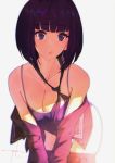  1girl anna_graem bangs blush breasts camisole cleavage collarbone covered_nipples hands_on_own_knees highres leaning_forward medium_breasts off_shoulder puk purple_eyes purple_hair school_uniform serafuku short_hair skirt skirt_pull solo spaghetti_strap thigh_gap undressing va-11_hall-a 