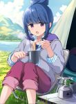  1girl bangs blue_hair blue_sky blurry blurry_background chair cloud cloudy_sky collared_shirt commentary cup day depth_of_field eating eyebrows_visible_through_hair food fork green_shirt grey_jacket holding holding_cup holding_fork jacket long_sleeves looking_at_viewer mirai_denki noodles open_clothes open_jacket open_mouth outdoors pants pants_rolled_up propane_tank purple_eyes purple_pants ramen shima_rin shirt short_hair sidelocks sitting sky solo steam striped striped_shirt tent vertical_stripes yurucamp 