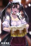  1girl alcohol alternate_costume apron bangs beer beer_mug blurry blurry_background blush bodice breasts choker cup dated dirndl german_clothes grey_hair hair_ribbon harusame_tsubaki highres holding holding_cup kantai_collection long_hair mug open_mouth orange_choker red_apron ribbon small_breasts solo sweat twintails twitter_username waist_apron yellow_eyes zuikaku_(kantai_collection) 