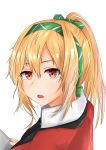  1girl absurdres blonde_hair breasts eyebrows_visible_through_hair girls_frontline green_ribbon hair_between_eyes hair_ribbon hairband highres huge_filesize jacket long_hair looking_at_viewer open_mouth ponytail red_eyes red_jacket ribbon solo_focus sv-98_(girls_frontline) svd_fun white_background 